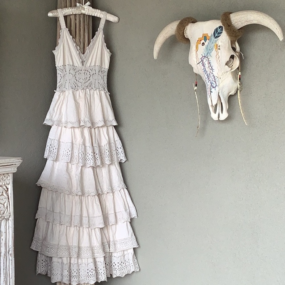 Small Size Anthropologie Tiered Ruffle Cream Lace Maxi Dress - Cecilia Prado - Picture 4 of 14